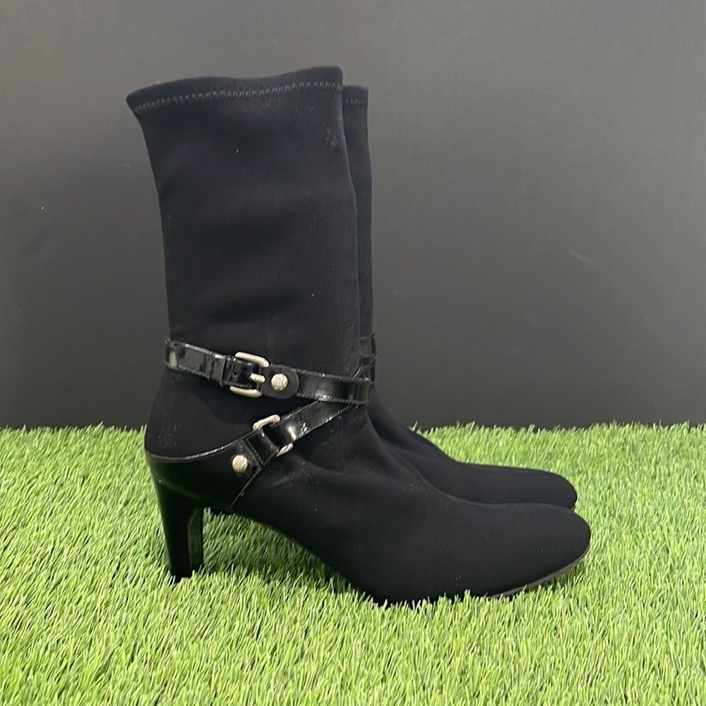 Stuart Weitzman Mid-Calf Sock Boot Stretch Neoprene and Buckles